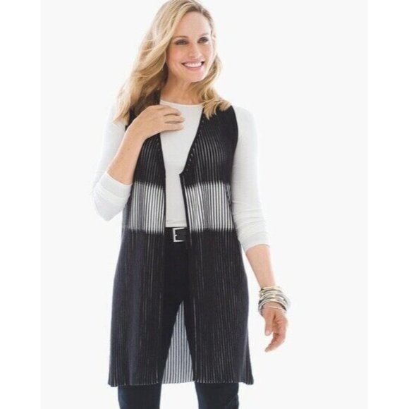 Chicos Vest Penney Black White Ribbed Open Front Sleeveless - Picture 2 of 10